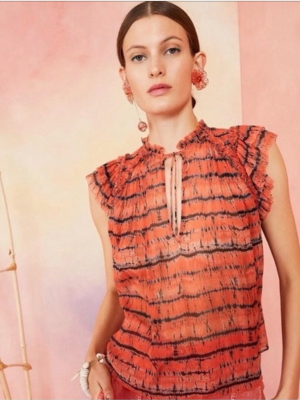 Ulla Johnson Coral and Black Ruffled Tie-Neck Blouse